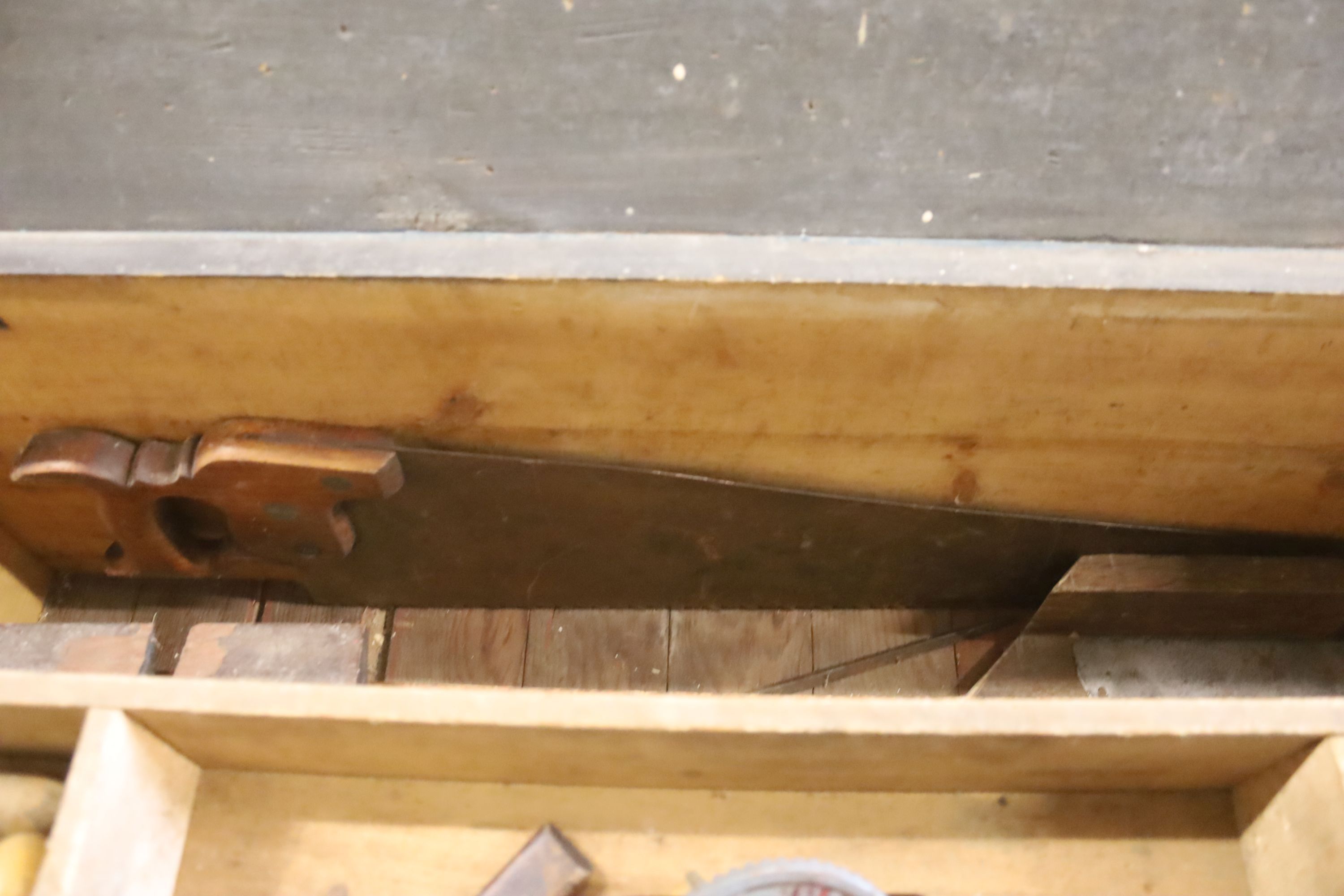 A Victorian pine carpenter's chest, width 92cm, depth 42cm, height 33cm with tools